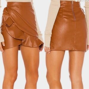 MAJORELLE Tan Leather Asymmetrical Ruffle Mini Skirt